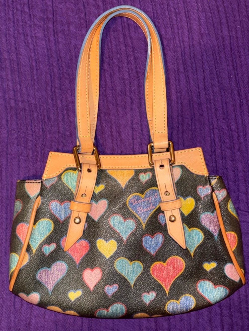 Dooney & Bourke Black Heart Print Shoulder Bag with Tan Leather Trim Y2K